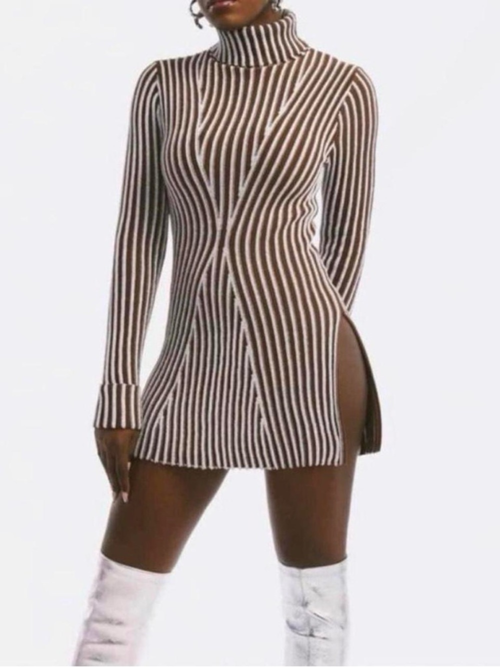 Ribbed Turtleneck Side-Slit Mini Dress - Brown & White